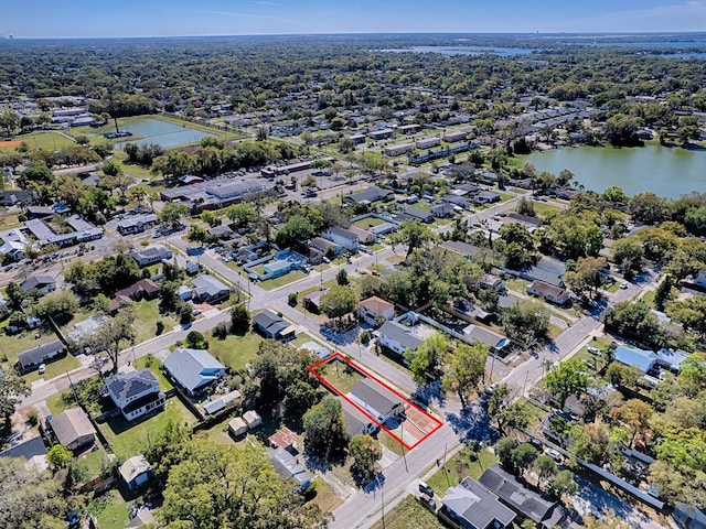 aerial view with a water view and a residential view