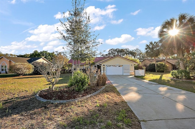 ranch-style home featuring a garage, driveway, a front lawn, and stucco siding