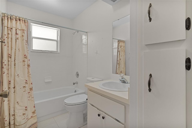 full bath featuring tile patterned flooring, shower / bath combination with curtain, toilet, and vanity