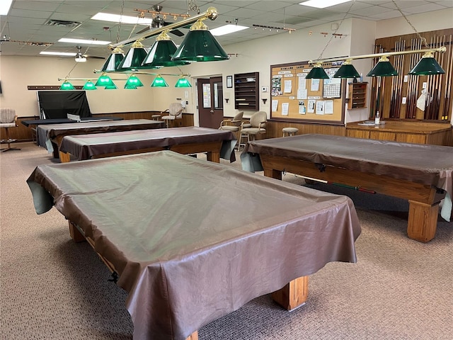 game room featuring carpet, billiards, a paneled ceiling, and visible vents