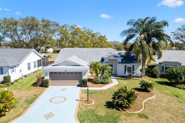 ranch-style home featuring a garage, a front yard, and driveway