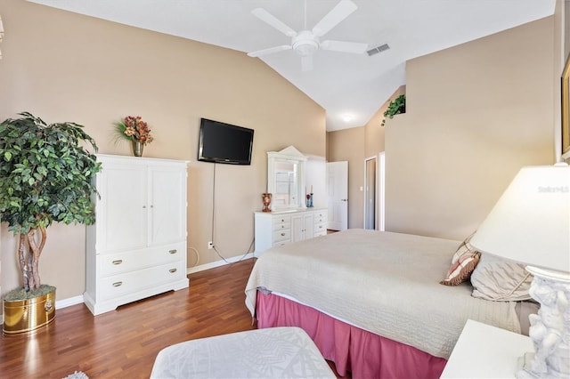 bedroom featuring ceiling fan, baseboards, visible vents, and dark wood finished floors