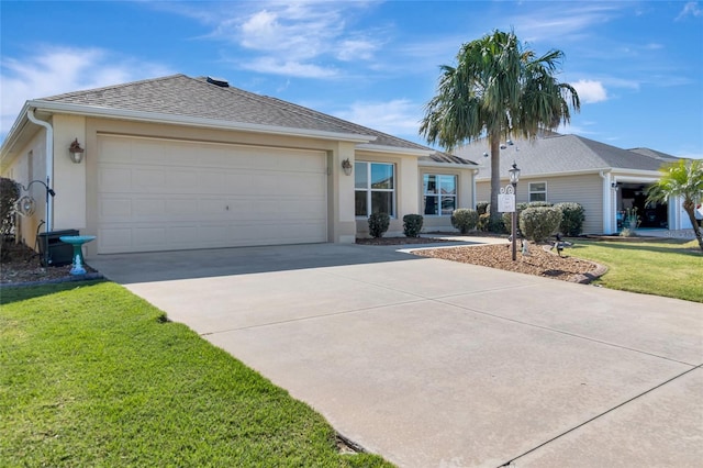 single story home featuring stucco siding, a shingled roof, concrete driveway, a front yard, and an attached garage