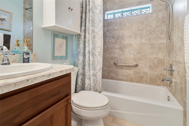 full bathroom featuring toilet, vanity, and shower / bath combination with curtain