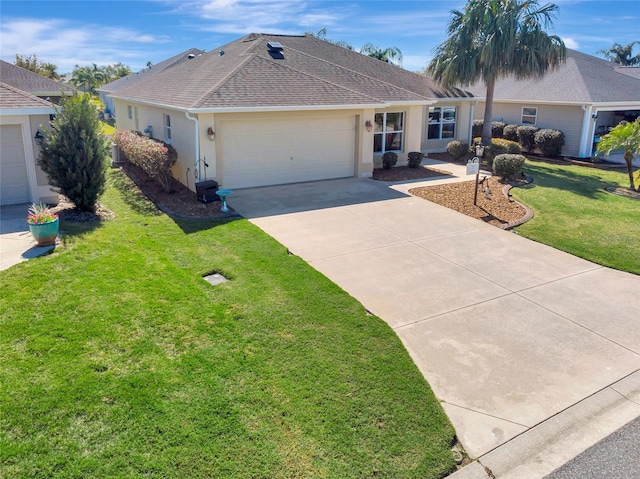 ranch-style house with a front yard, an attached garage, a shingled roof, stucco siding, and concrete driveway