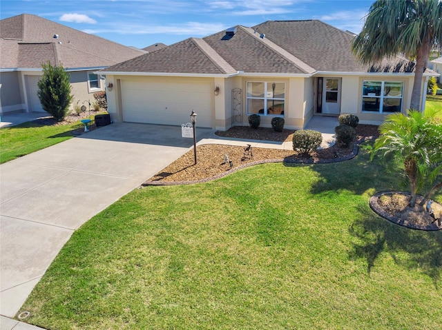 ranch-style house with roof with shingles, stucco siding, a front lawn, concrete driveway, and a garage