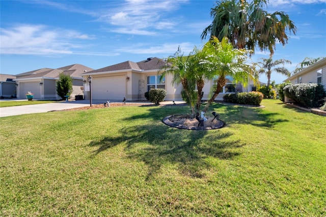 ranch-style house featuring a garage, a front yard, driveway, and stucco siding