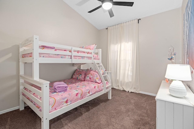 carpeted bedroom with lofted ceiling, ceiling fan, and baseboards