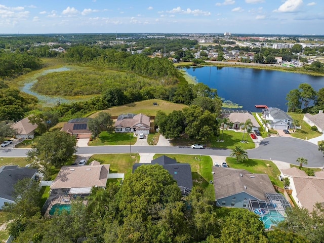 aerial view featuring a residential view and a water view