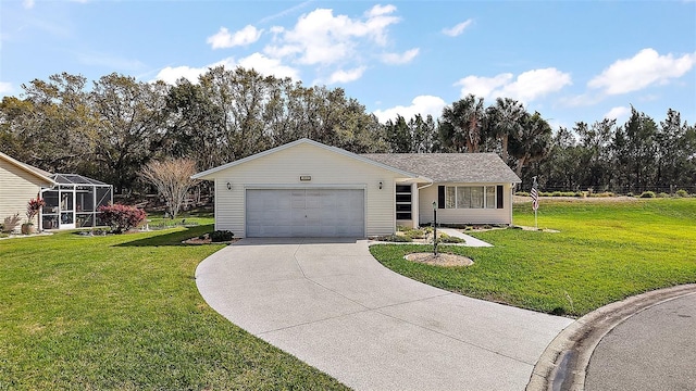 ranch-style home with driveway, a garage, and a front lawn