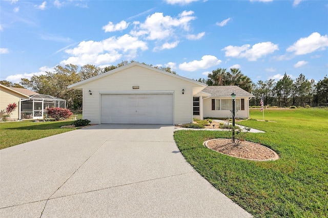 ranch-style house with concrete driveway, a front lawn, and an attached garage