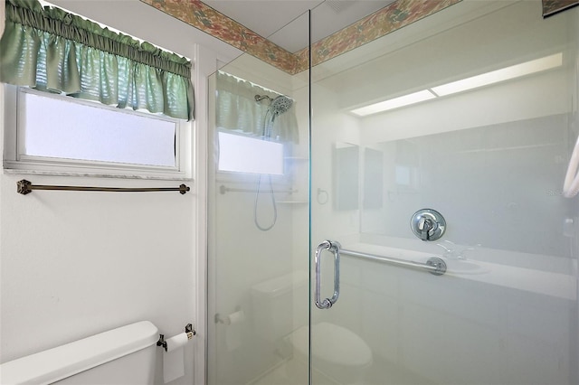 bathroom with a stall shower and toilet