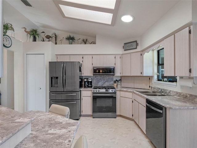 kitchen with visible vents, a sink, light countertops, appliances with stainless steel finishes, and backsplash