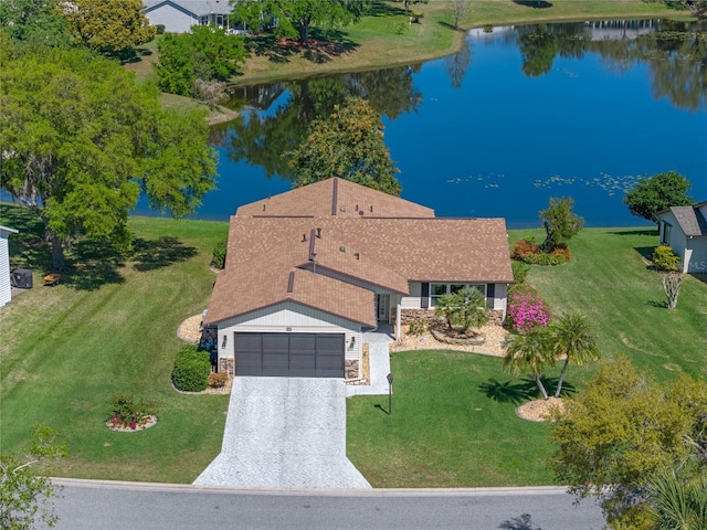 aerial view featuring a water view