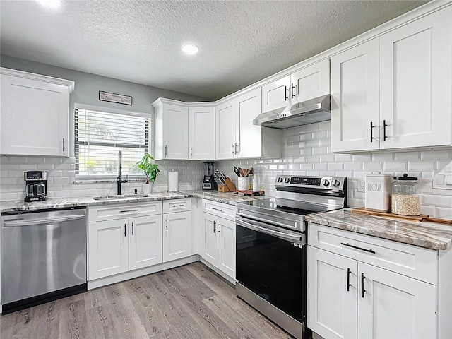 kitchen featuring light wood finished floors, a sink, stainless steel appliances, white cabinets, and under cabinet range hood