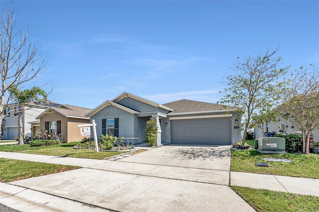 view of front of house featuring a garage, concrete driveway, roof with shingles, a front lawn, and stucco siding