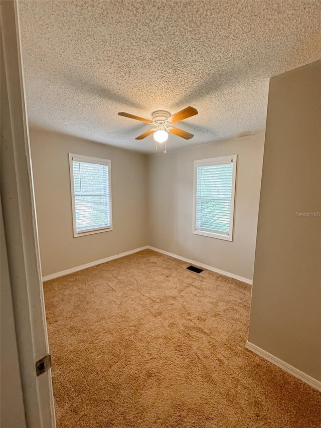 unfurnished room featuring a textured ceiling, carpet floors, plenty of natural light, and baseboards