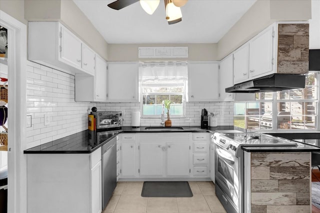 kitchen featuring tasteful backsplash, under cabinet range hood, stainless steel appliances, white cabinetry, and a sink