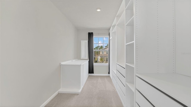 walk in closet with light carpet