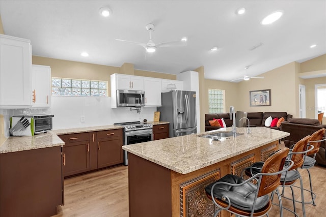 kitchen with a wealth of natural light, a ceiling fan, a sink, and stainless steel appliances