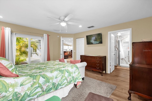 bedroom featuring light wood-type flooring, recessed lighting, access to outside, visible vents, and a ceiling fan
