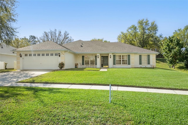 single story home with concrete driveway, an attached garage, a front lawn, and stucco siding