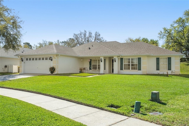 ranch-style home with stucco siding, roof with shingles, concrete driveway, an attached garage, and a front yard