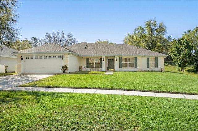 ranch-style house with an attached garage, driveway, stucco siding, a front yard, and a shingled roof