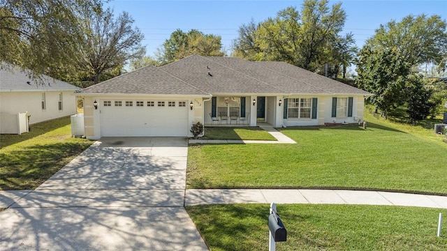 ranch-style house with driveway, a garage, stucco siding, a shingled roof, and a front yard