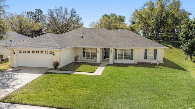 ranch-style house featuring an attached garage, stucco siding, driveway, a front yard, and roof with shingles