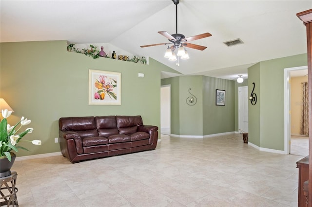 living room featuring a ceiling fan, lofted ceiling, visible vents, and baseboards