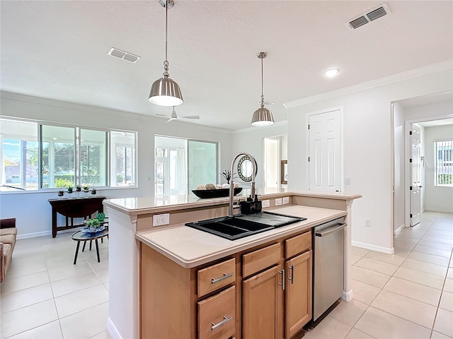 kitchen featuring stainless steel dishwasher, open floor plan, light tile patterned floors, and visible vents