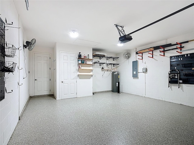 garage featuring water heater, concrete block wall, a garage door opener, and electric panel