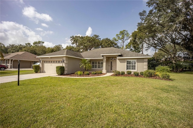 single story home featuring a front yard, a garage, driveway, and stucco siding