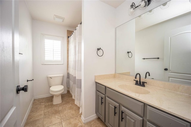 full bath featuring visible vents, baseboards, toilet, and vanity