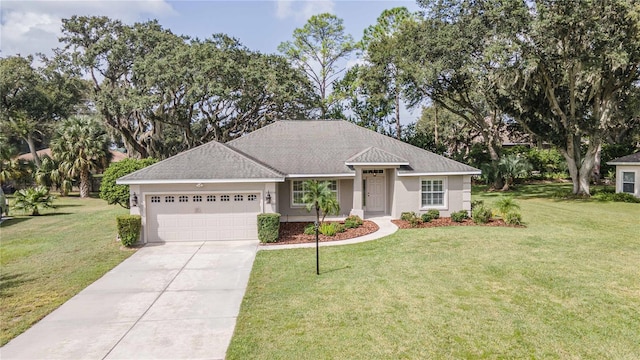 ranch-style home featuring a front yard, a garage, driveway, and stucco siding