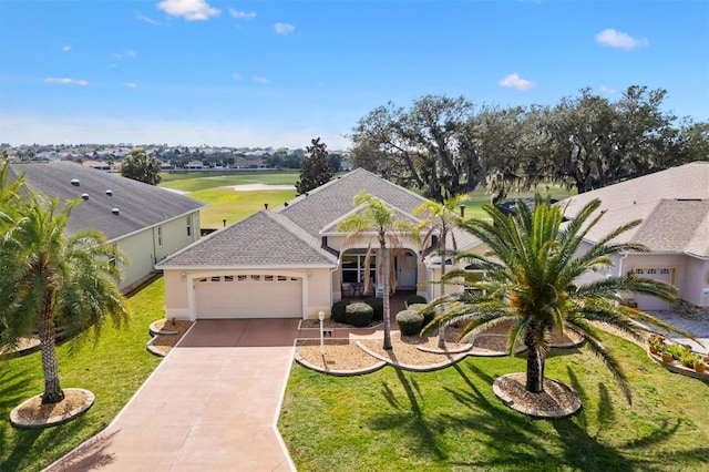 view of front of property with a garage, a front lawn, driveway, and stucco siding