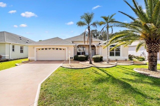 ranch-style home featuring stucco siding, a front yard, an attached garage, and driveway