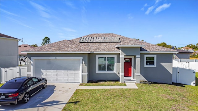 single story home with stucco siding, fence, and a gate