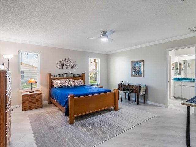 bedroom with a textured ceiling, ensuite bath, baseboards, and ornamental molding