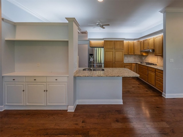 kitchen with tasteful backsplash, dark wood finished floors, ornamental molding, appliances with stainless steel finishes, and a peninsula