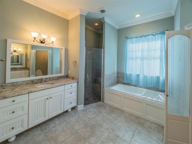 bathroom with vanity, a garden tub, a stall shower, and crown molding