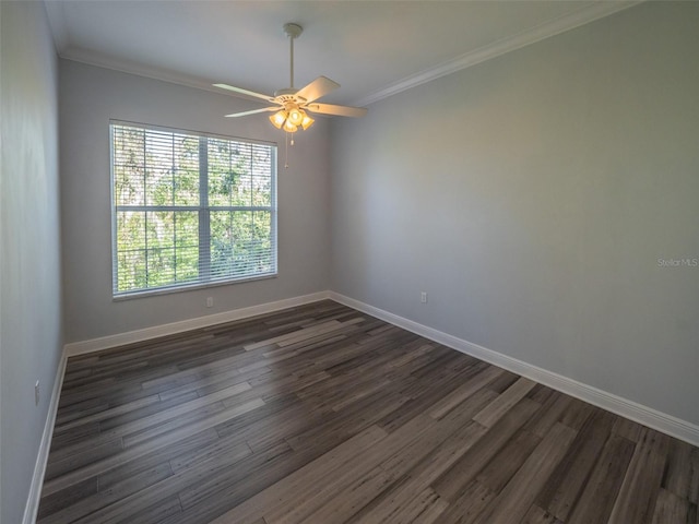 unfurnished room featuring a ceiling fan, baseboards, dark wood-type flooring, and crown molding