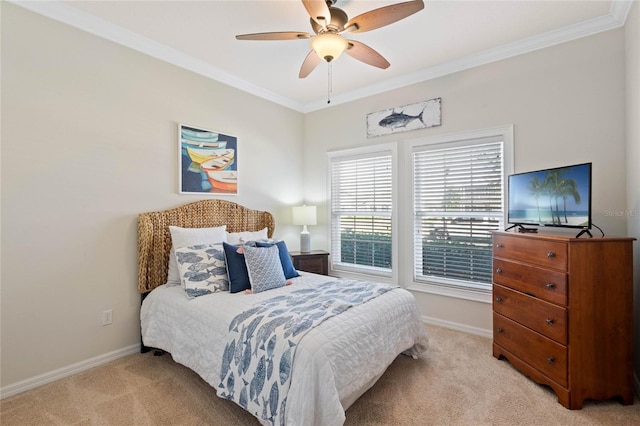 bedroom with crown molding, baseboards, and light carpet