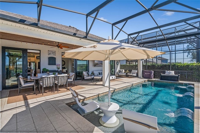 pool featuring a ceiling fan, an outdoor living space, glass enclosure, outdoor dining area, and a patio area