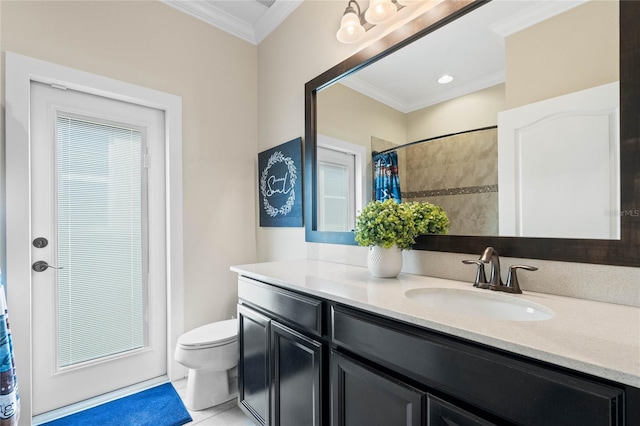 bathroom featuring vanity, a shower with shower curtain, ornamental molding, tile patterned floors, and toilet