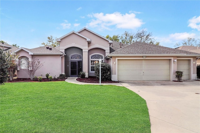 single story home featuring concrete driveway, a front yard, roof with shingles, stucco siding, and a garage