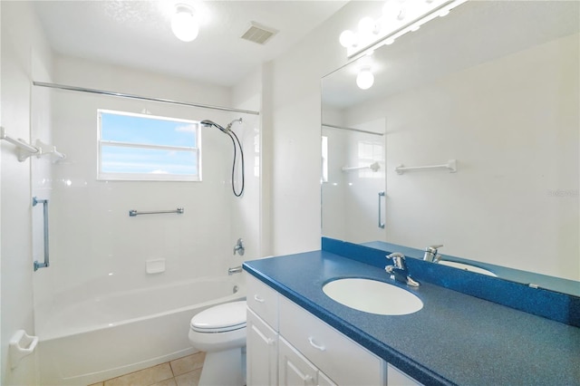 full bath with tile patterned floors, visible vents, toilet, tub / shower combination, and vanity