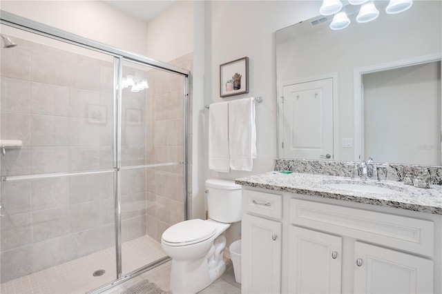 full bath featuring visible vents, toilet, a stall shower, and vanity