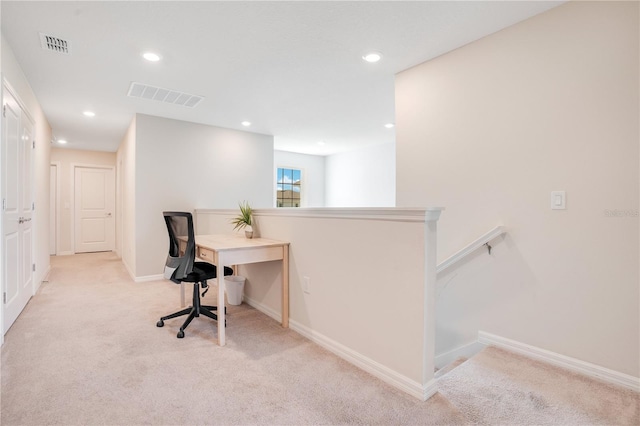 carpeted home office with recessed lighting, visible vents, and baseboards